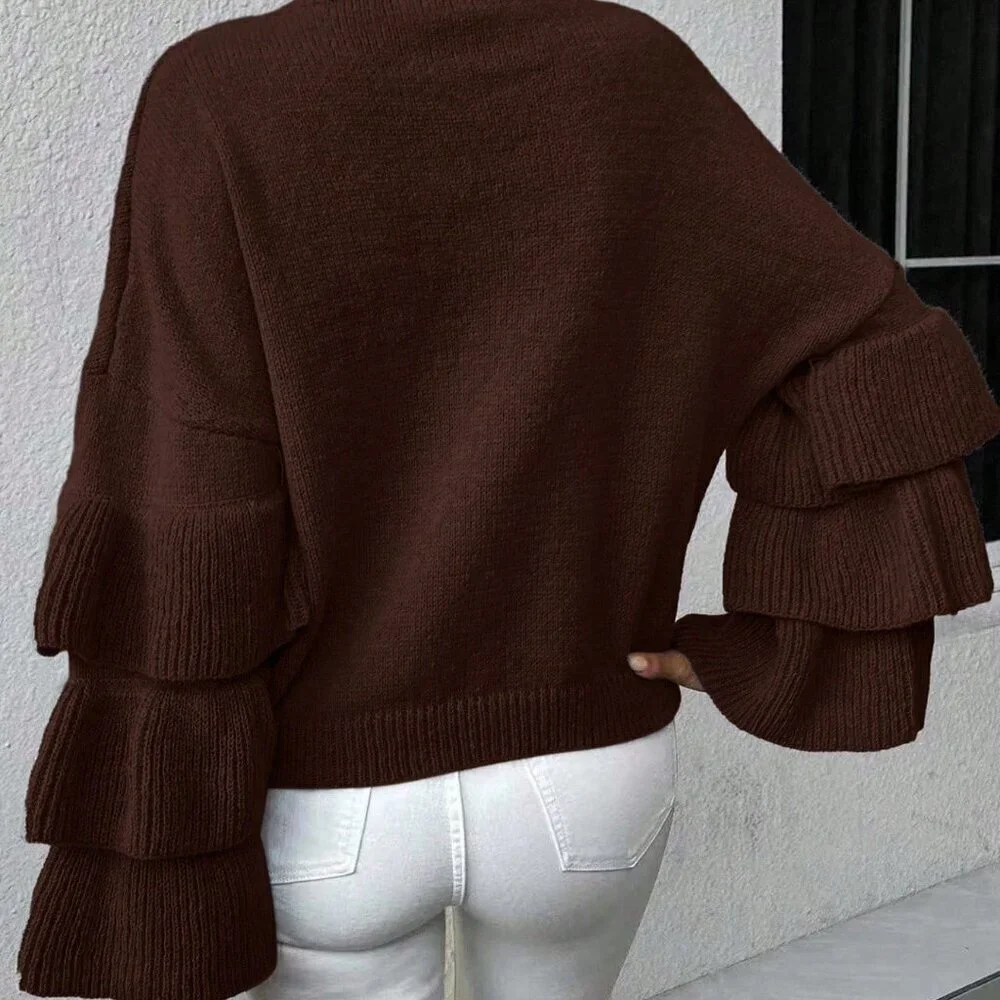 Coffee Brown Casual Women's Loose Sweater with Ruffle Hem and Drop Shoulder
